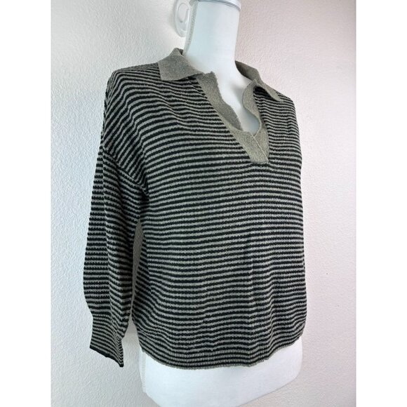 Lilla P women's XS green striped collared cropped knit top 3/4 sleeve casual - Picture 2 of 7
